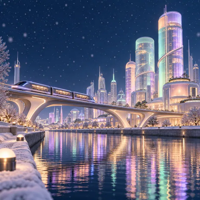 Trem elevado sobre canal com reflexos pastel, torres futuristas iluminadas e neve numa noite de inverno.