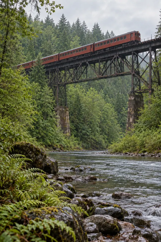 Trem vermelho atravessa ponte de ferro sobre rio com pedras e samambaias, cercado por floresta densa.