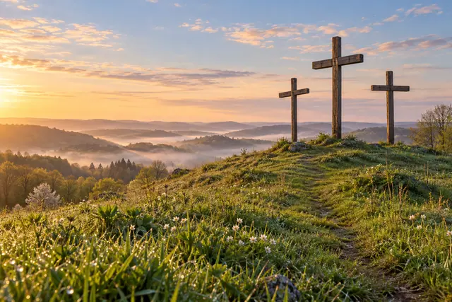 Três cruzes de madeira em colina florida ao amanhecer, com caminho na relva e vales cobertos de neblina.