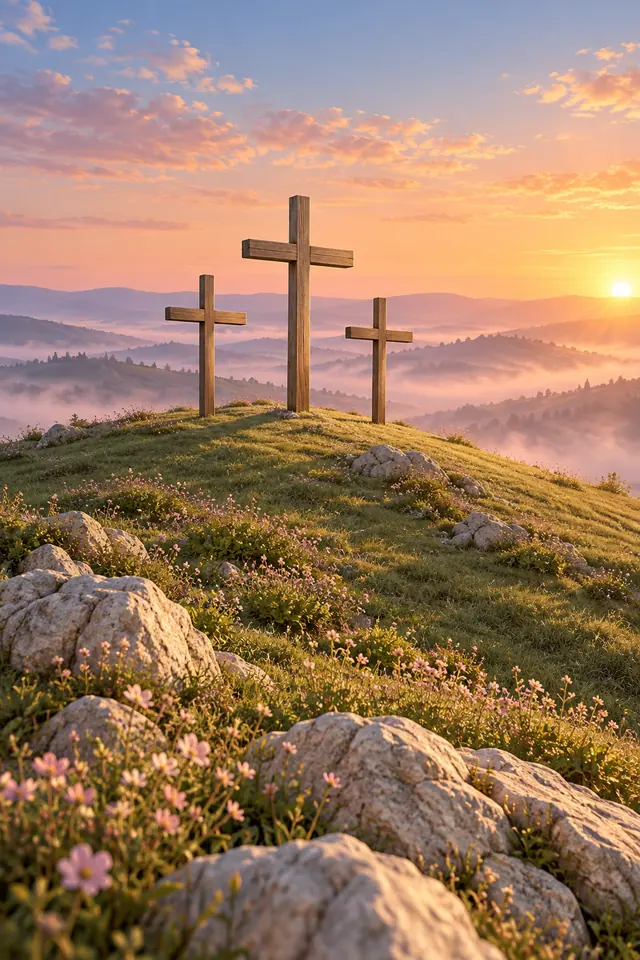 Três cruzes de madeira em colina florida, com pedras e vales cobertos de névoa ao nascer do sol.