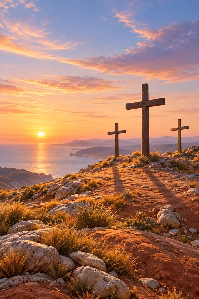 Três cruzes de madeira em colina rochosa diante do mar, com luz dourada do amanhecer e céu em tons suaves.