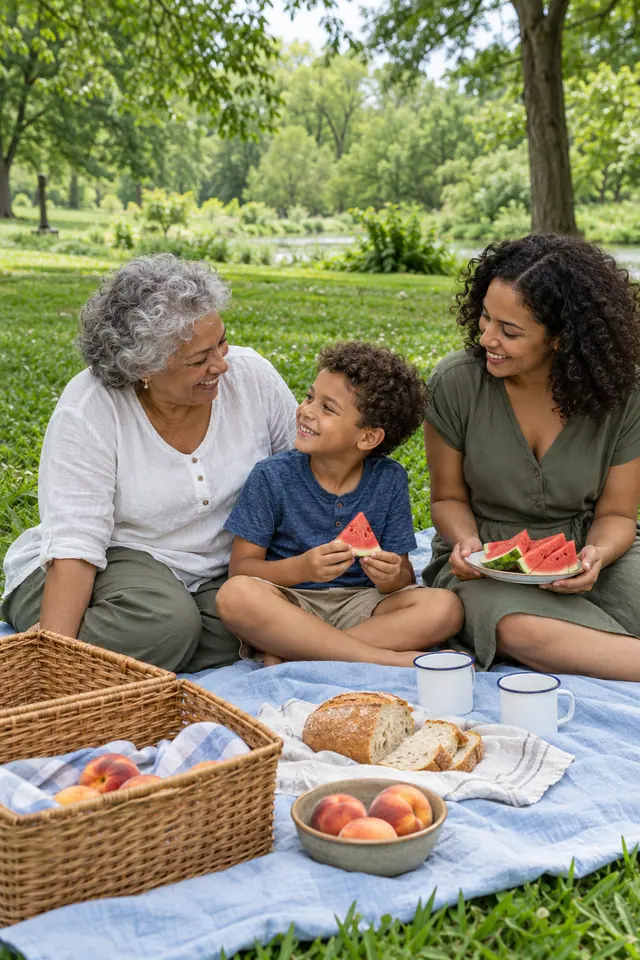 Avó, mãe e menino sorriem em um piquenique com melancia, pães e pêssegos em um parque arborizado.