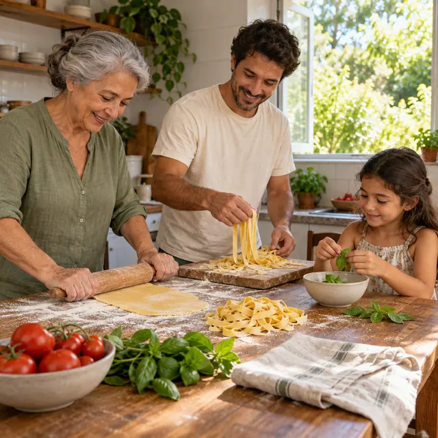 Avó abre massa com um rolo, pai segura tiras de macarrão e filha separa manjericão em uma cozinha com luz natural.