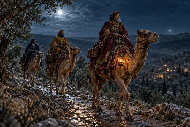Três reis magos em camelos percorrem uma trilha sob o luar, com uma lanterna e um povoado iluminado ao fundo.