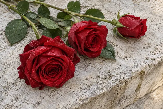 Três rosas vermelhas com gotas de orvalho e folhas verdes sobre uma superfície de pedra clara.
