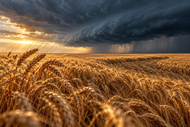 Espigas de trigo dourado iluminadas pelo sol diante de uma grande nuvem de tempestade e chuva no horizonte.