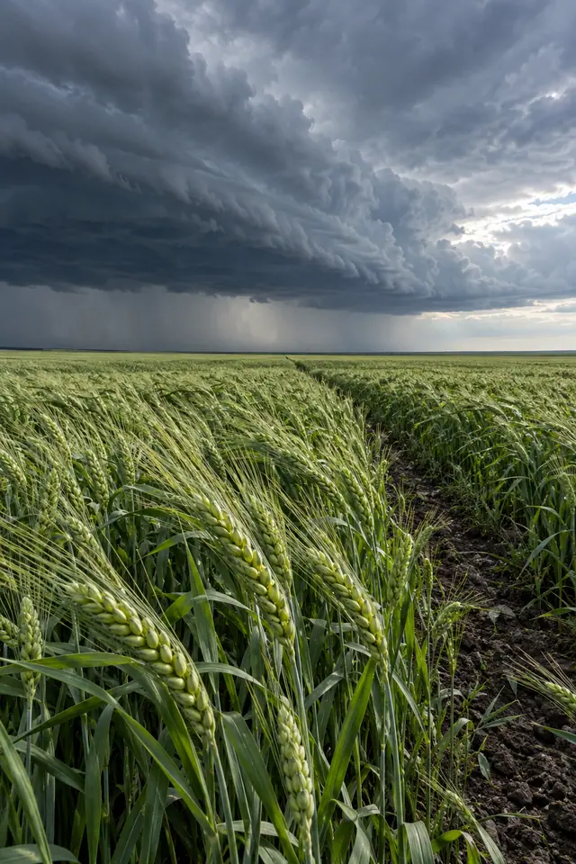 Espigas de trigo verde ao vento, com trilha de terra, nuvens escuras e uma cortina de chuva no horizonte.
