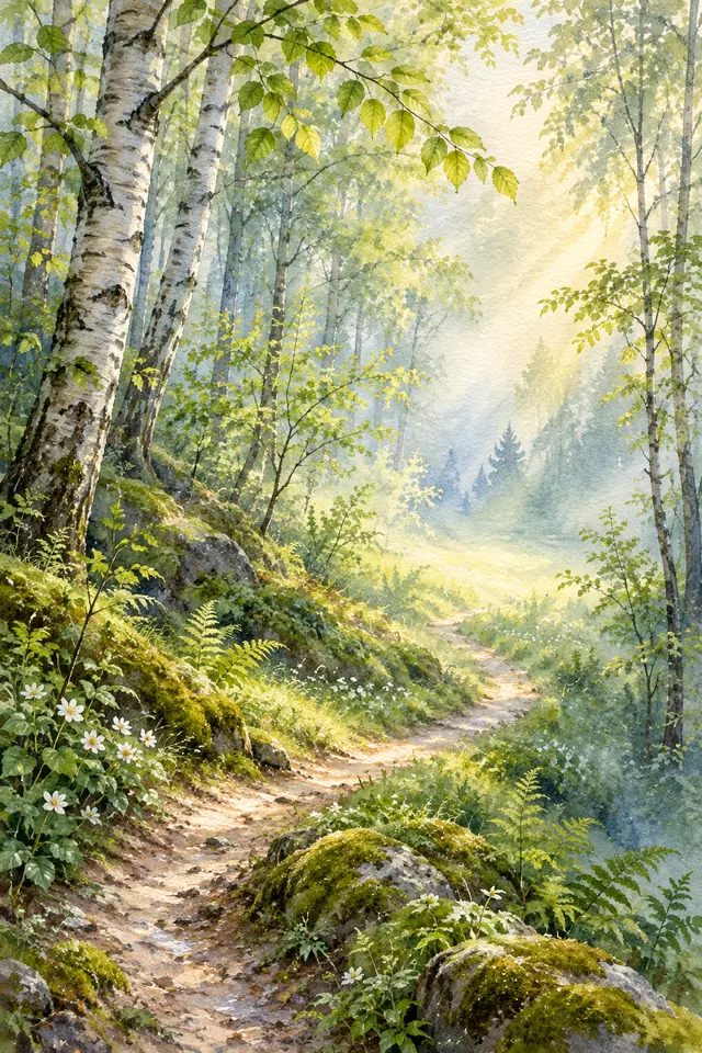 Aquarela de trilha iluminada na floresta, entre bétulas, samambaias, musgo e flores brancas sob a névoa da manhã.