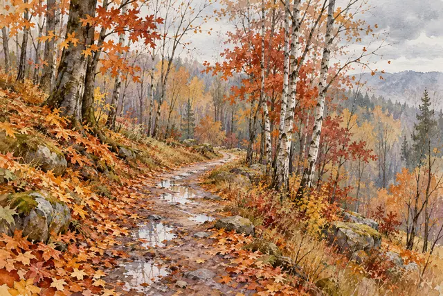 Aquarela de trilha com folhas de outono e poças entre bétulas, pedras e colinas sob céu nublado.