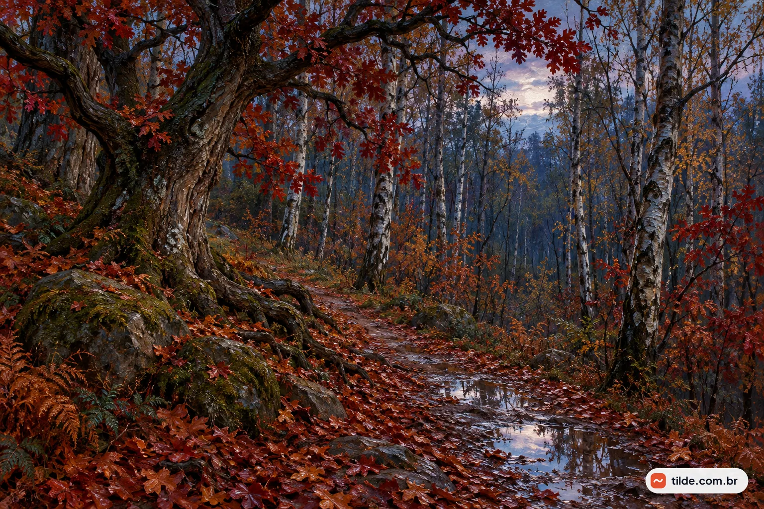 Pintura a óleo de trilha com folhas de outono e poças entre um grande carvalho e bétulas ao crepúsculo.