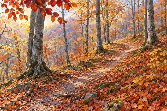 Aquarela de trilha na floresta de outono, com folhas douradas e vermelhas, raízes e pedras sob luz suave.