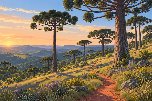 Trilha de terra entre araucárias, flores amarelas e lilases em encosta com montanhas ao fundo e sol baixo.