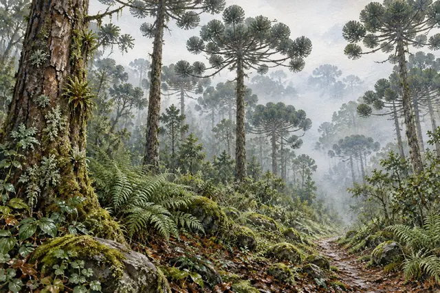 Aquarela de trilha entre araucárias na neblina, com samambaias e pedras cobertas de musgo.