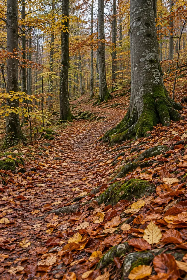 Trilha coberta de folhas de outono entre faias altas, com musgo nas raízes e luz suave na floresta.