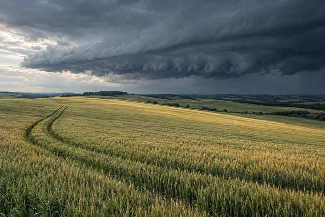 Trilhas curvas em um trigal verde e dourado sob nuvens escuras de tempestade, com colinas e árvores ao fundo.