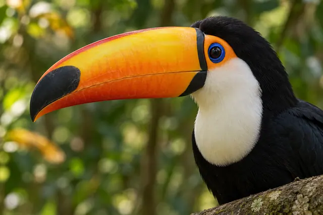 Tucano em close com bico alaranjado, garganta branca e olho contornado de azul diante da vegetação desfocada.