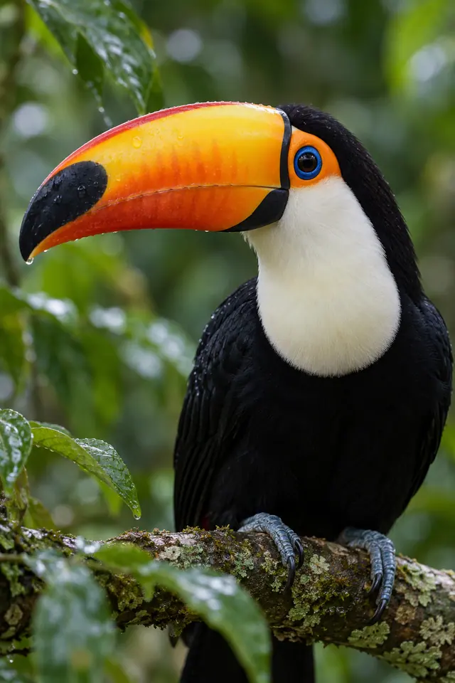 Tucano de bico alaranjado com gotas de chuva, pousado em galho com líquens diante de folhagem verde desfocada.