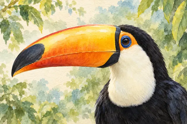 Tucano de perfil com bico alaranjado, peito branco e olho contornado de azul entre folhas verdes em aquarela.