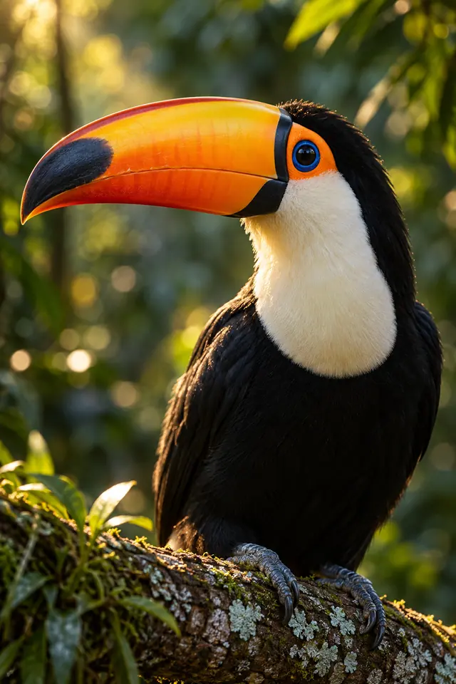 Tucano de bico alaranjado em galho com líquens, sob luz dourada e diante de folhagens verdes desfocadas.