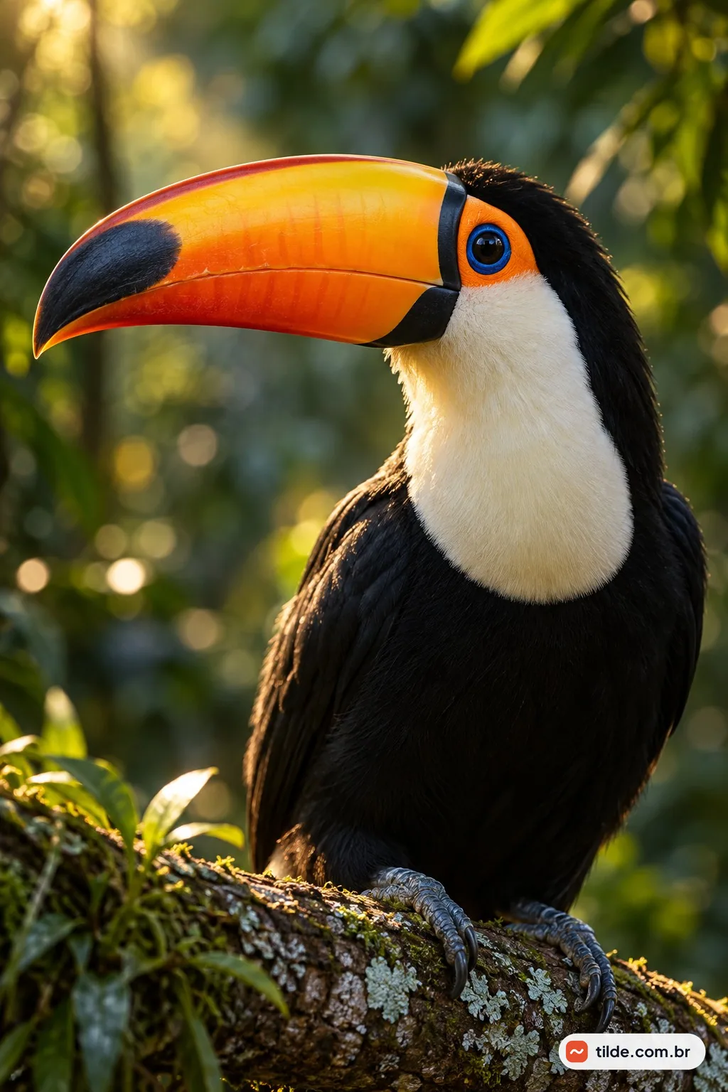Tucano de bico alaranjado em galho com líquens, sob luz dourada e diante de folhagens verdes desfocadas.