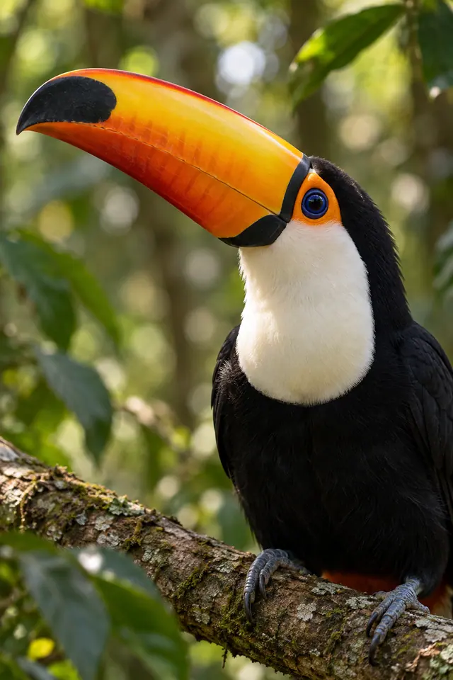Tucano de bico alaranjado e peito branco pousado em galho com musgos, diante de folhas verdes desfocadas.