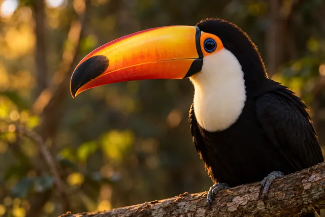 Tucano-toco em close, com bico alaranjado e peito branco, pousado em galho diante da floresta desfocada.