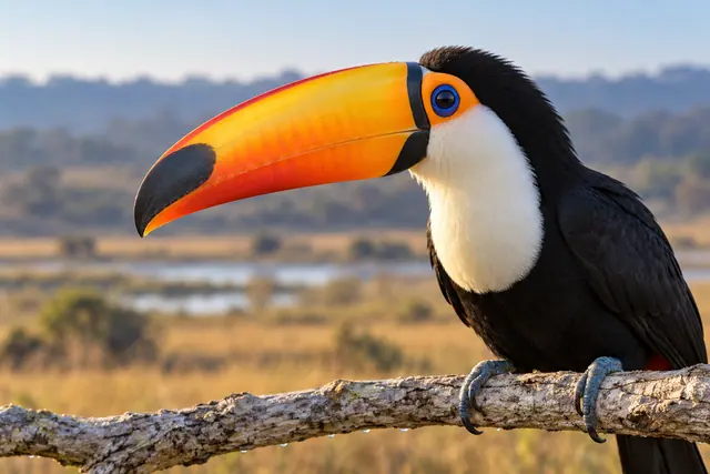 Tucano-toco de bico alaranjado pousado em galho, com campos dourados e água desfocados ao fundo.