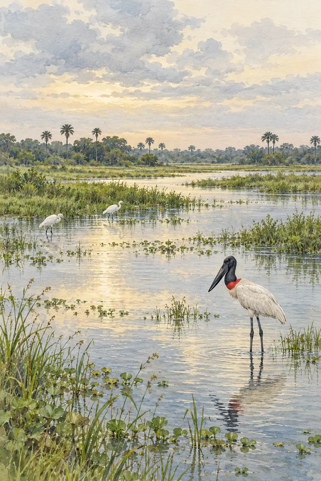 Aquarela de tuiuiú e duas garças nas águas do Pantanal, com plantas aquáticas, palmeiras e reflexos dourados.