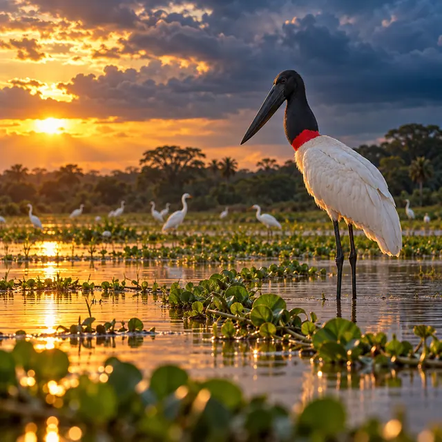 Tuiuiú em águas rasas do Pantanal, com plantas aquáticas, garças ao fundo e céu iluminado pelo pôr do sol.