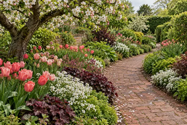 Caminho de tijolos entre tulipas rosadas e flores brancas, sob galhos de uma macieira florida na primavera.