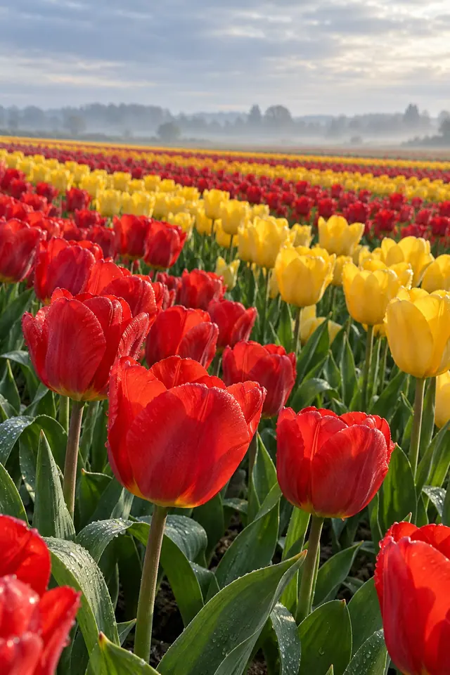 Campo de tulipas vermelhas e amarelas com orvalho, luz suave da manhã e névoa no horizonte.
