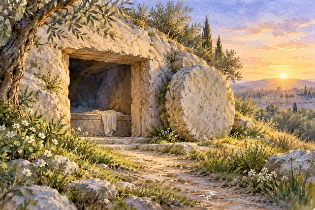 Aquarela do túmulo vazio de Jesus ao amanhecer, com tecido claro, pedra removida e flores brancas no jardim.