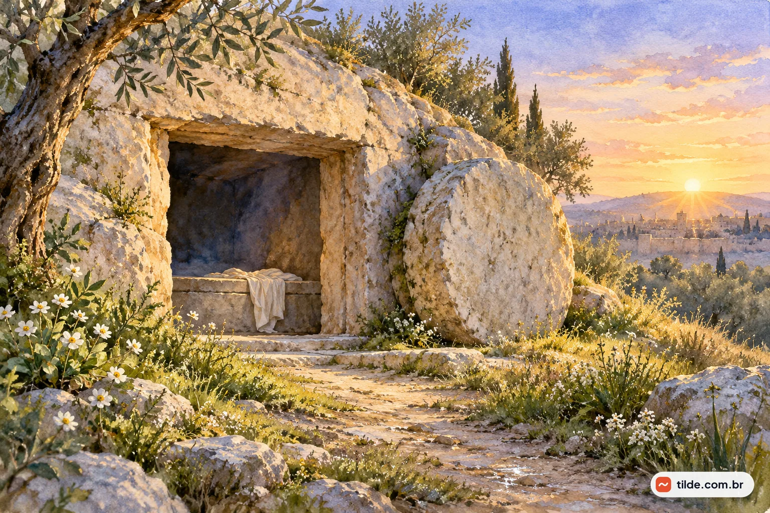 Aquarela do túmulo vazio de Jesus ao amanhecer, com tecido claro, pedra removida e flores brancas no jardim.