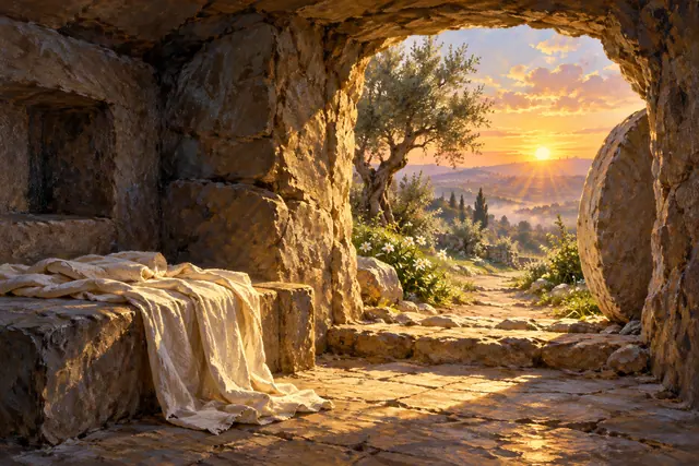 Túmulo vazio de Jesus com tecidos claros, pedra removida e jardim iluminado pelo sol nascente, em pintura a óleo.
