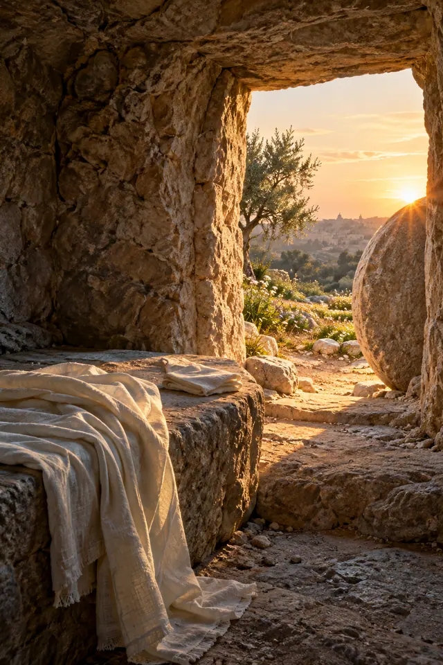 Túmulo vazio com panos de linho, pedra afastada e luz do amanhecer sobre um jardim com flores e uma oliveira.