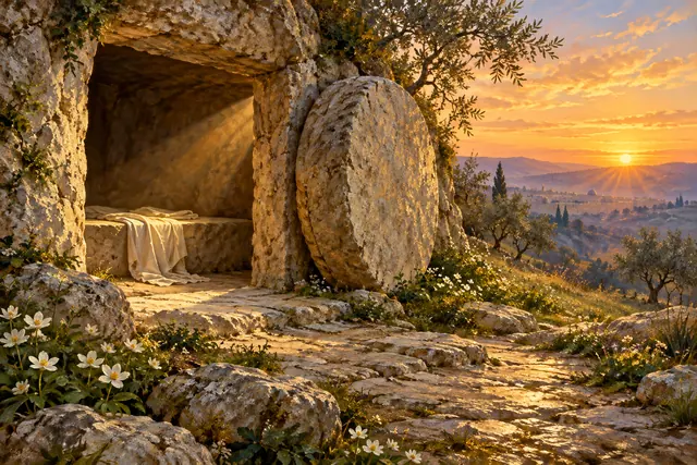 Túmulo vazio de Jesus com tecidos claros, pedra afastada e flores brancas sob a luz dourada do amanhecer.