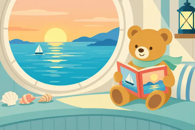 Ursinho de cachecol lê um livro junto à janela circular de um farol, com vista para o mar e um veleiro ao amanhecer.