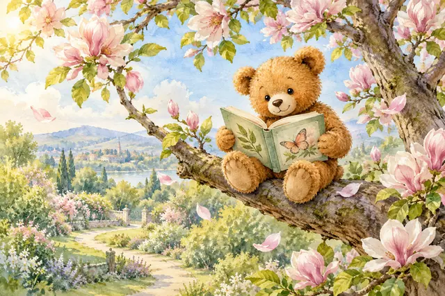 Ursinho com livro aberto em um galho de magnólia, cercado de flores rosadas e um jardim ao fundo, em aquarela.