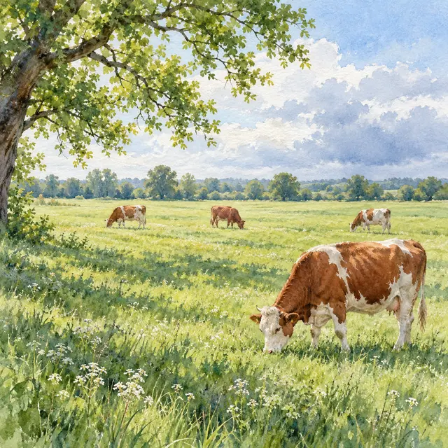 Aquarela de quatro vacas pastando em campo florido, com árvore à esquerda e céu azul com nuvens.