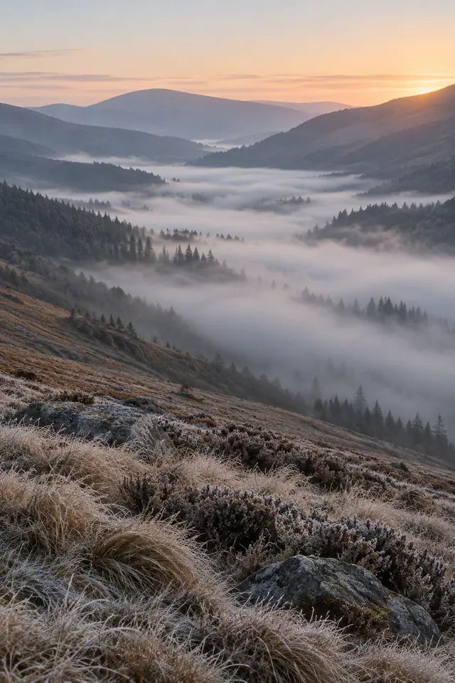 Neblina entre coníferas e montanhas ao amanhecer, com pedras e capins cobertos de geada em primeiro plano.