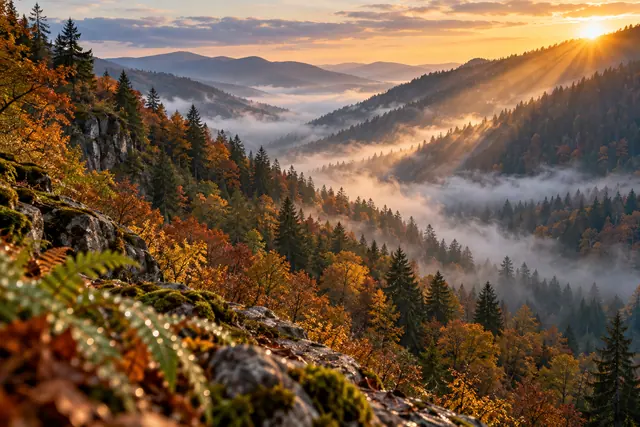 Raios de sol atravessam a neblina em um vale com floresta de outono e rochas cobertas de musgo em primeiro plano.