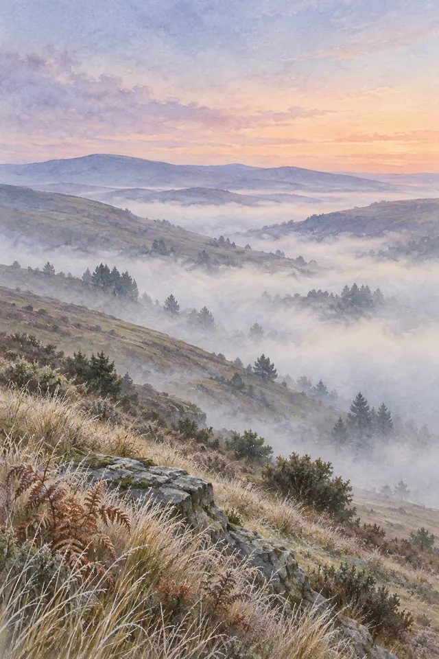 Aquarela de vale com névoa ao amanhecer, colinas azuladas e capins com geada entre pedras no primeiro plano.