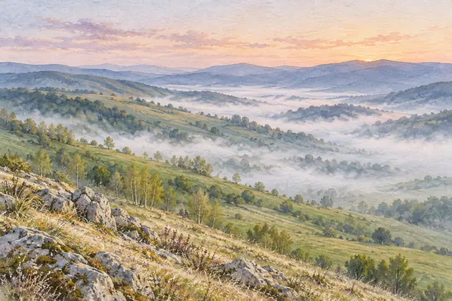 Aquarela de vale com névoa, colinas verdes e serras azuladas ao amanhecer, com pedras e capins em primeiro plano.