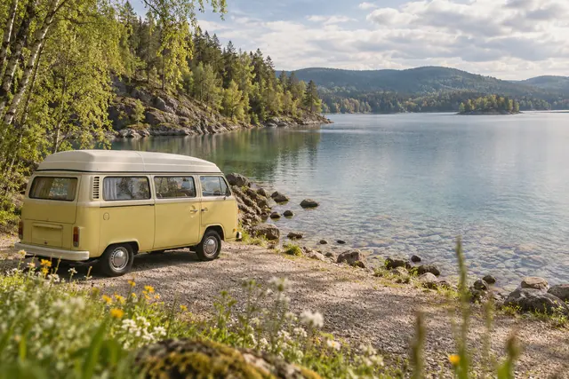 Van de camping amarela à beira de um lago transparente, com flores, pedras e colinas cobertas por árvores.