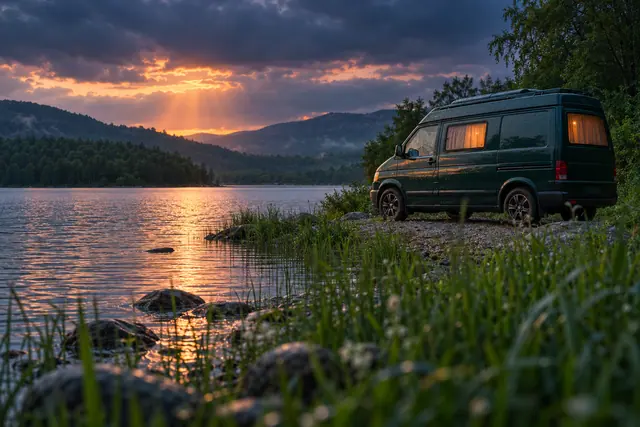 Van verde com luz nas janelas à beira de um lago, com reflexos dourados e nuvens escuras sobre morros arborizados.