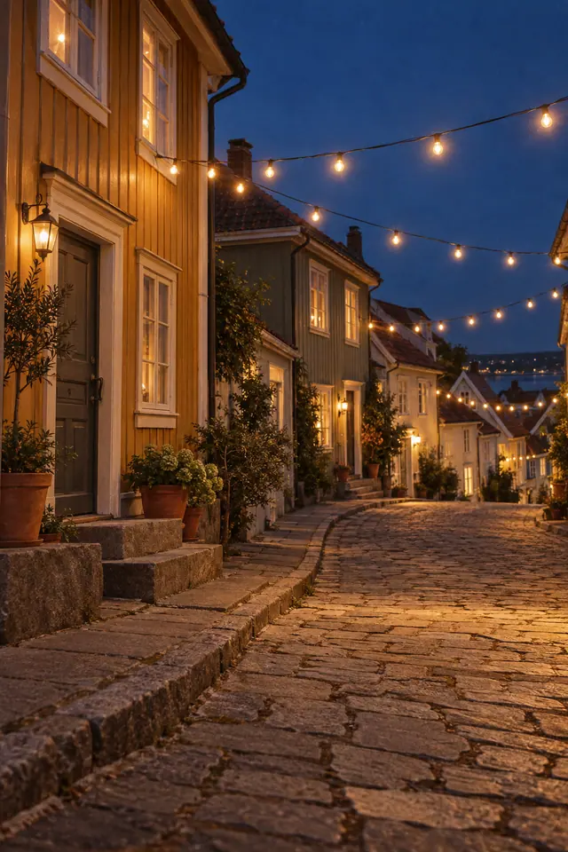 Rua de pedras em declive com casas de madeira, vasos e cordões de luzes douradas sob o céu azul noturno.