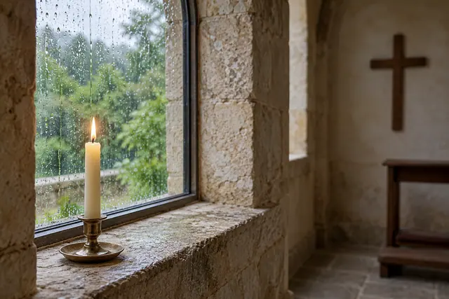 Vela acesa no peitoril de pedra de uma capela, com chuva na janela e uma cruz de madeira ao fundo.