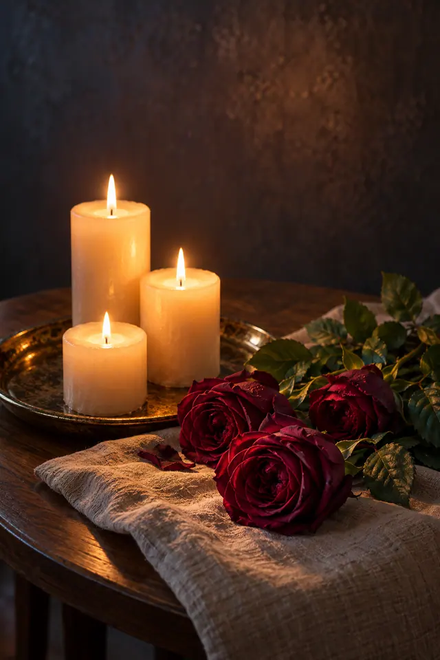 Três velas acesas em bandeja dourada ao lado de rosas cor de vinho sobre tecido claro e mesa de madeira.