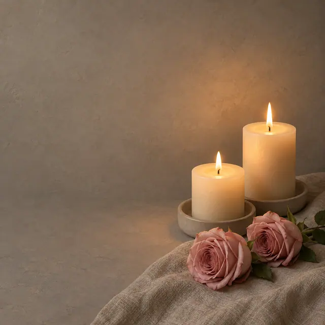 Duas velas acesas em suportes de cerâmica e rosas cor-de-rosa sobre linho, com amplo espaço livre em fundo bege.