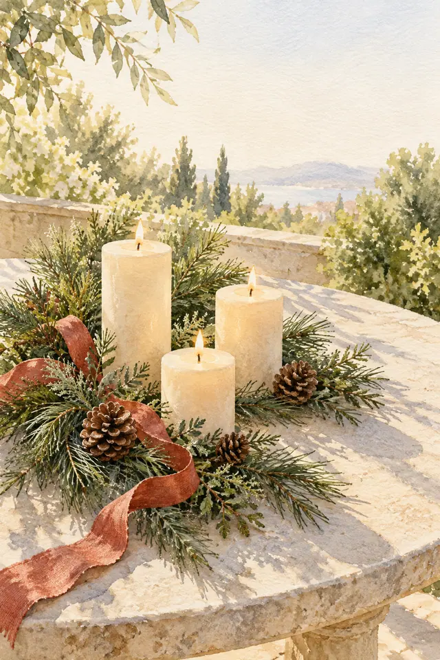 Aquarela de três velas acesas com ramos de pinheiro, pinhas e fita vermelha sobre uma mesa de pedra ao sol.